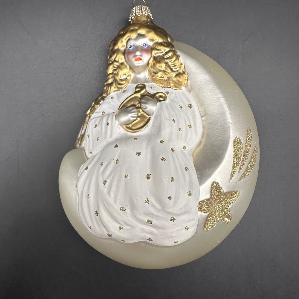 VINTAGE ANGEL ON MOON ORNAMENT 5.5" MARKED K GERMANY GOLD PEARL WHITE